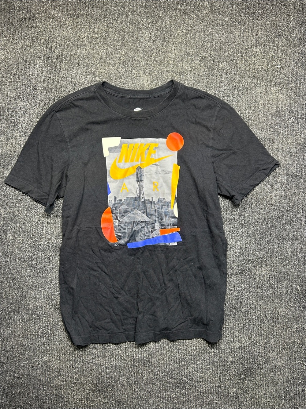 Nike Black Short Sleeve Tee with Yellow Swoosh and Multicolor Graphic